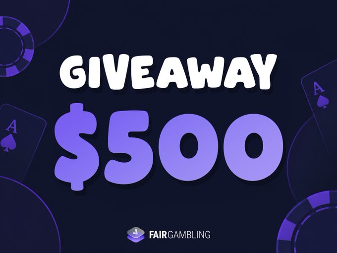 The image is a promotional graphic featuring bold white and purple text reading "GIVEAWAY $500" against a dark navy background with decorative playing cards and poker chip designs, branding it for "FairGambling." It visually highlights the $500 giveaway prize mentioned in the post, with the casino-themed elements (aces and chips) reinforcing the gambling brand identity.