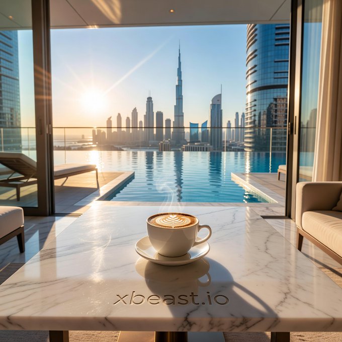 A cup of cappuccino sits on a marble table overlooking an infinity pool and the Dubai skyline, including the Burj Khalifa, with 'xbeast.io' watermarked at the bottom.