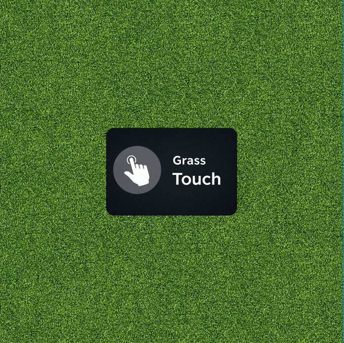 A black digital button labeled "Grass Touch" with a tapping hand icon is displayed on a textured green grass background, visually prompting the viewer to literally touch grass in response to the post's question, "Have you gone outside today?" — a popular internet phrase encouraging people to step away from their screens and get some fresh air.