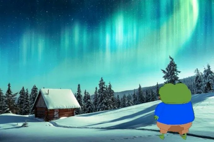 A cartoon frog character in a blue jacket stands in a snowy landscape gazing up at vibrant green and teal aurora borealis, with a small wooden cabin and pine trees nearby.