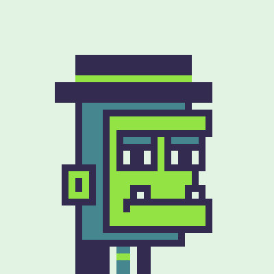 A pixel art character with green skin, rectangular glasses, and a dark cap against a pale mint background.