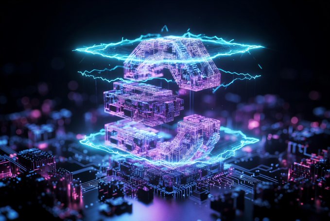 A futuristic digital 3D render of a glowing cube made of intricate circuitry, surrounded by electric blue energy waves against a dark background.