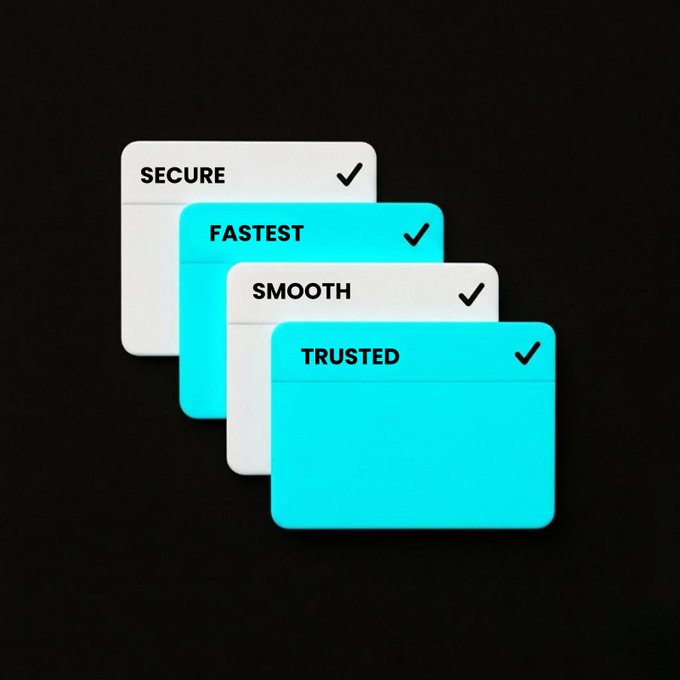 A graphic displaying four cards labeled 'SECURE', 'FASTEST', 'SMOOTH', and 'TRUSTED', each with a checkmark, against a black background.
