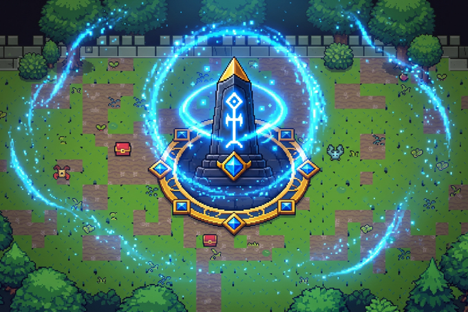 A pixel art style image showcasing a glowing obelisk monument encircled by swirling blue energy rings in a grassy area with trees, fitting the "Obelisk Hero" game promotion. The scene evokes a fantasy adventure setting, aligning with the linked game website obeliskhero.xyz and its associated token launch on pump.fun.