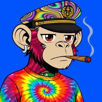 A cartoon illustration of a red-furred monkey wearing a psychedelic captain's hat with an anchor emblem, a tie-dye shirt, smoking a cigar, set against a bright blue background.
