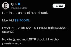 A tweet from Tyler (@TylerDurden) reading: 'I am in the arena of Robinhood. Max bid $BITCOIN. 0x1dD500201ffAbc04089Aa1313b0a6Aba668ca178 Holding pays me MSTR stock. I like the ponzinomics.'