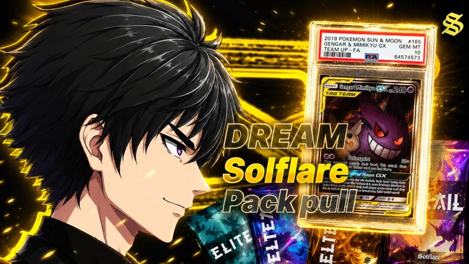 An anime-style promotional image for 'DREAM Solflare Pack pull' featuring a black-haired male character alongside graded Pokémon cards including a 2018 Sun & Moon Gengar & Mimikyu GX card.