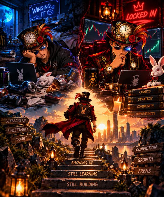 A steampunk-style figure wearing a top hat adorned with a clock and rose descends glowing stairs labeled "Still Building," "Still Learning," and "Showing Up," flanked by a divided scene showing a relaxed "Winging It" persona beside a "Locked In" version with trading charts, with motivational words like "Charts," "Strategy," "Conviction," and "Growth" inscribed on surrounding signs—visually capturing the journey of perseverance through both uncertainty and focus.