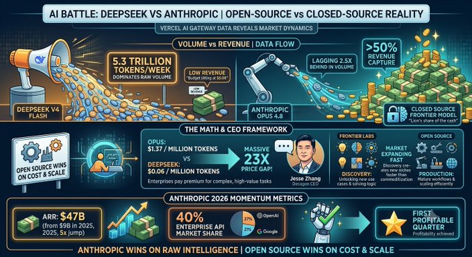 An infographic titled 'AI BATTLE: DEEPSEEK VS ANTHROPIC | OPEN-SOURCE vs CLOSED-SOURCE REALITY' comparing DeepSeek V4 Flash and Anthropic Opus 4.8, highlighting metrics like 5.3 trillion tokens/week, massive price gap, and Anthropic's 2026 momentum.