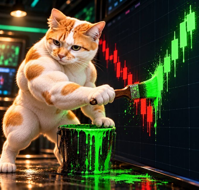 An orange and white cat dips a paintbrush into green paint and paints a candlestick chart on a screen.