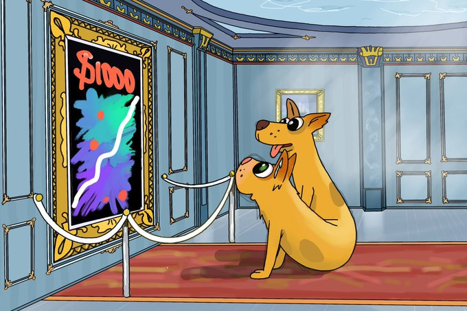 An animated cartoon shows a kangaroo standing with its joey, both looking at an abstract red and blue '$1000' artwork displayed in an ornate gallery frame.