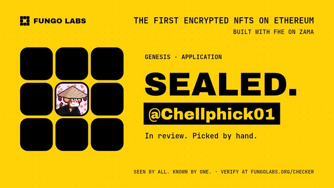 Image 9 is a yellow digital card for "FUNGO LABS" promoting "THE FIRST ENCRYPTED NFTS ON ETHEREUM BUILT WITH FHE ON ZAMA", featuring a pixel art avatar and the application status "SEALED. @Chellphick01 - In review. Picked by hand."
