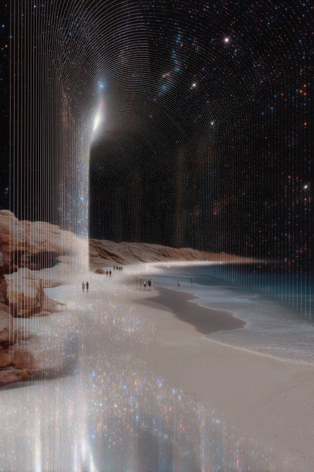 A surreal digital artwork depicts a beach scene under a starry night sky, with glowing vertical lines creating an ethereal, otherworldly atmosphere and small figures walking along the shore.