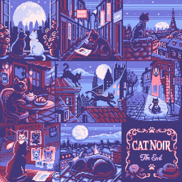 The image features a collage of various cat-themed illustrations, including cats sitting at tables with plates of food or bowls of water, as well as other cats lounging around. The collage also includes images of cats interacting with each other in different settings such as on rooftops and balconies. The post is titled "Cat Noir: The End" and has a caption that reads "Day #1048: Cat Noir Mint today' s canvas basepaint.xyz/mint".