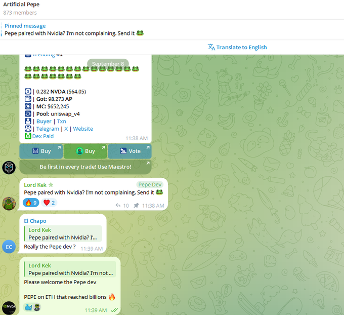 A Telegram group called "Artificial Pepe" with 873 members features a pinned message and conversation about a PEPE developer being paired with Nvidia, alongside trading data showing NVDA at $64.05 and a bot named "Pepe Dev" welcoming the developer who helped $PEPE ETH reach billions in market cap.