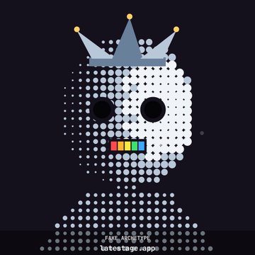 A halftone dot-style illustration of a figure wearing a gray crown with a colorful pixelated mouth, with text at the bottom reading 'FAME ARCHETYPE' and 'latesttage.app'.