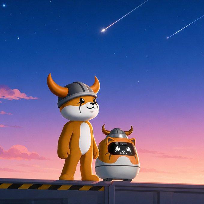 Two adorable Viking-helmeted dog characters—one an anthropomorphic orange dog and the other a robotic cat-faced companion—stand together on a platform beneath a starry twilight sky with shooting stars, symbolizing the playful, mascot-driven brand identity of the Floki project. The image has no visible text or numbers, but its charming meme-style aesthetic directly reflects Floki's meme coin origins, contrasting with the post's message about the team responsibly sunsetting older products for security and scalability.