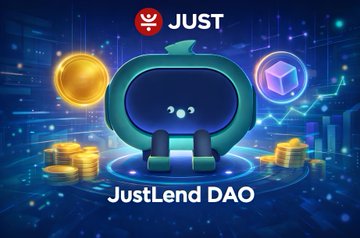 The image features the JustLend DAO logo with the "JUST" text and "JustLend DAO" label against a blue digital-themed background, including a coin, cube icon, and small character, representing the platform's stablecoin ecosystem. It visually reinforces the post about minting USDJ digital dollars through JustStable CDP contracts on the JustLend DAO platform.