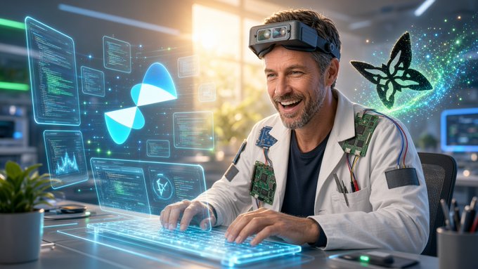 A smiling male scientist wearing a lab coat and smart headgear works at a glowing transparent keyboard, surrounded by holographic charts, circuit panels, a butterfly-shaped digital graphic, and a green-and-black butterfly.
