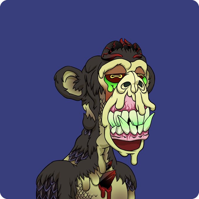 A grotesque cartoon gorilla with sharp fangs, green tears, and a bloody wound on its forehead glares against a solid blue background.