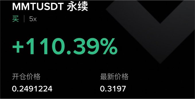 The image shows a crypto trading position panel for MMTUSDT perpetual contract, displaying a long (buy) position with 5x leverage that has gained +110.39%, with an entry price of 0.2491224 and current price of 0.3197. This impressive gain serves as an ironic counterpoint to the post's lament about new coins performing poorly (惨不忍睹/"a sight too horrible to look at") and even grand slam tokens failing to rise, highlighting MMTUSDT as a rare exception amid an otherwise bleak market for newly listed assets.