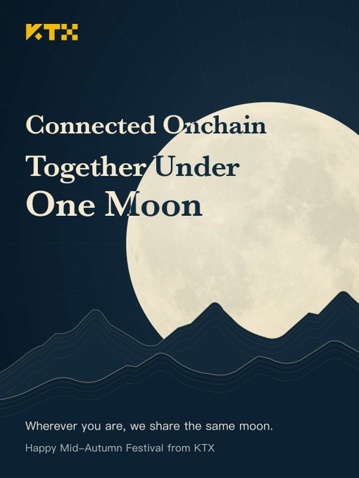 A KTX promotional graphic reads 'Connected Onchain Together Under One Moon' with 'Wherever you are, we share the same moon. Happy Mid-Autumn Festival from KTX' against a dark blue background featuring a large moon.