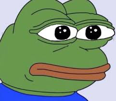 The Pepe the Frog meme character, depicted as a green cartoon frog with large eyes and a blue collar, set against a plain gray background.