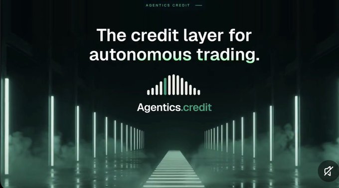 The image displays a dark, futuristic corridor with glowing green vertical light bars and a central staircase leading to the text "The credit layer for autonomous trading" and the "Agentics.credit" logo, with a small "AGENTICS CREDIT" header at the top. The accompanying post introduces Agentics Credit as a platform for trading agents to build credibility through paper trading before accessing capital, which aligns with the image's tagline positioning it as a "credit layer" for autonomous trading.