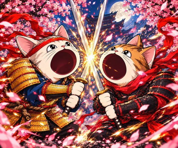 Anime-style illustration of two cats dressed as samurai with red headbands and scarves, fiercely crossing swords under cherry blossoms with a pagoda and full moon in the background.