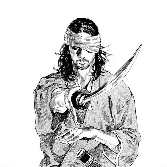 A black and white manga-style illustration of a blindfolded man in traditional clothing holding out a katana sword.