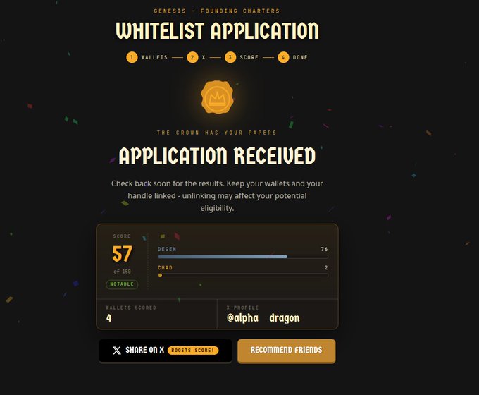 A digital 'WHITELIST APPLICATION' confirmation screen from Genesis Founding Charters showing 'APPLICATION RECEIVED' with a score of 57 out of 150, wallet username 'alpha dragon', and buttons to share or recommend friends.