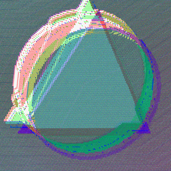 An abstract, colorful digital glitch-art style image featuring overlapping translucent shapes in pink, green, and blue against a gray background.