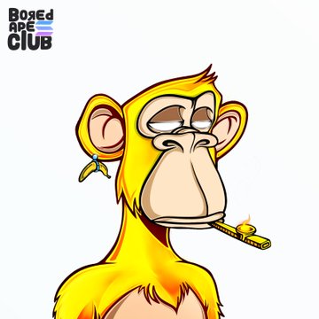 A cartoon illustration of a yellow-orange monkey with tired eyes, smoking a cigar and wearing a banana earring, with a 'Bored Ape Club' logo in the top left corner.