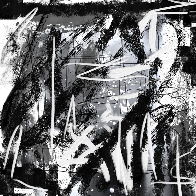 A black and white abstract artwork featuring bold white brushstrokes, black ink splatters, and a subtle face in the background.