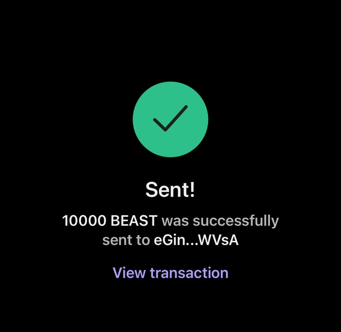 A dark-themed confirmation screen displaying a green checkmark with "Sent!" text, verifying that 10000 BEAST tokens were successfully transferred to wallet eGin...WVsA, with a "View transaction" link at the bottom. The image serves as proof of the $BEAST airdrop mentioned in the accompanying post, where the sender is distributing tokens and creator fees to followers.