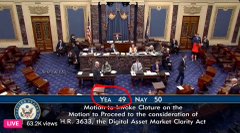 A live broadcast from the U.S. House floor showing 'Yea 49 Nay 30 Motion to Adjourn' regarding H.R. 3633, the Digital Asset Market Clarity Act.