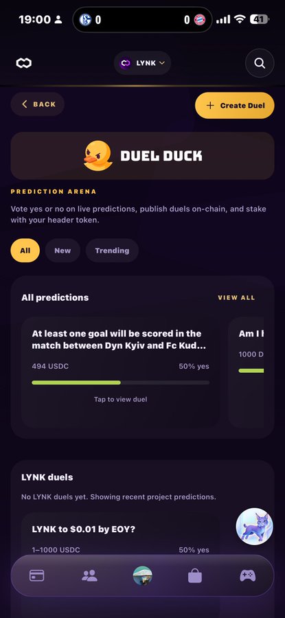 A screenshot of a mobile app called "Duel Duck" showing prediction arenas, including one titled "At least one goal will be scored in the match between Dyn Kyiv and Fc Kud..." and another for "LYNK".