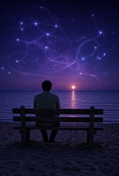 A person sits alone on a wooden bench facing a moonlit ocean under a starry purple sky filled with swirling constellations, evoking the serene, fee-free tranquility the post describes.

The scene visually echoes the post's mood—"no gas fees" suggests a frictionless, costless freedom, mirrored by the quiet, unobstructed view of the moon's reflection on the water, while "moonlight and silence" is literally depicted in the solitary figure, glowing moon, and still seascape.