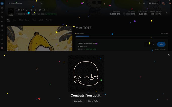 A screenshot of the TOTZ NFT minting page shows a 'Congrats! You got it!' confirmation message after a successful 0.0002 ETH mint transaction.