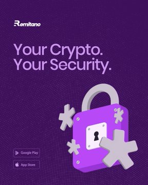 A purple advertisement for the 'Romtano' crypto app with the tagline 'Your Crypto. Your Security.' and a padlock graphic.