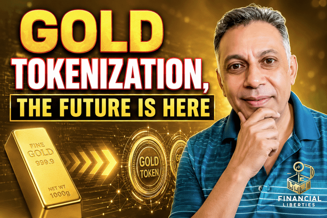 The image features a man wearing a blue shirt, standing next to a gold bar that reads "Gold tokenization", with a gold token in front of him. The background of the image has a yellow color scheme, which complements the gold bar and the man's attire. The text on the image is in white, making it stand out against the yellow background. The post appears to be related to financial markets or investing, as indicated by the title "Big News For The Gold Market... DBS Bank + Gold tokenization".