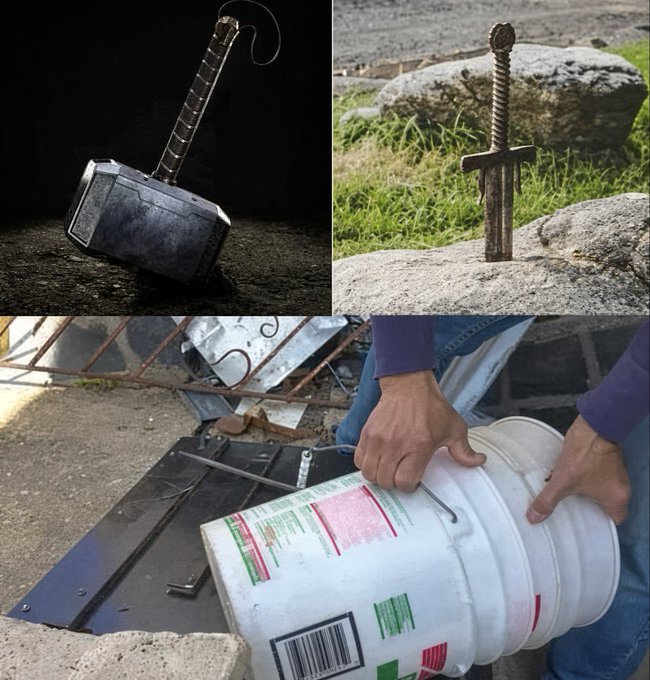 A collage showing Marvel's Mjolnir hammer, a sword stuck in stone, and a man attempting to lift a bucket by its handle as if it were Mjolnir.