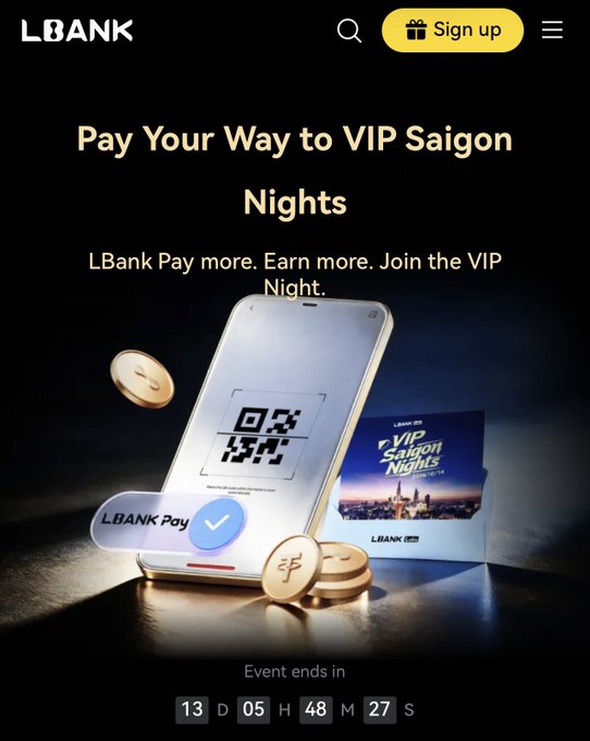 A promotional banner for "LBANK" advertising a "Pay Your Way to VIP Saigon Nights" campaign, featuring a smartphone displaying a QR code, gold coins, and an event countdown timer.