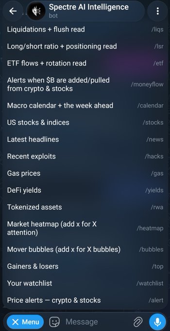 A screenshot of a Telegram bot menu for 'Spectre AI Intelligence' listing various commands including /liqs (Liquidations + flush read), /lsr (Long/short ratio + positioning read), /etf (ETF flows + rotation read), /moneyflow, /calendar, /stocks, /news, /hacks, /gas, /yields, /rwa, /heatmap, /bubbles, /top, /watchlist, and /alert.
