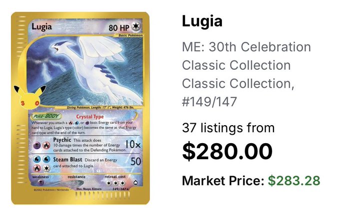 A Pokémon trading card listing for Lugia from the ME: 30th Celebration Classic Collection #149/147, showing 37 listings from $280.00 with a market price of $283.28.