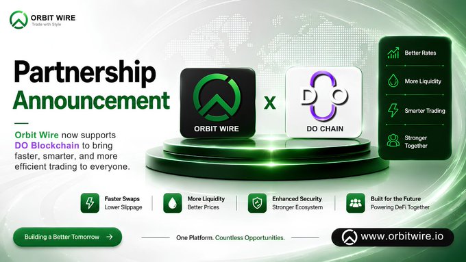 A partnership announcement graphic between Orbit Wire and DO Blockchain, promoting features like faster swaps, more liquidity, and better rates at www.orbitwire.io.