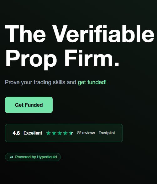 A dark-themed promotional webpage for 'The Verifiable Prop Firm' featuring a 'Get Funded' button, a 'Powered by Hyperliquid' tag, and a 4.6 Excellent Trustpilot rating with 22 reviews.