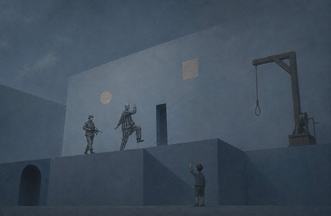 A surreal painting depicting a stark execution scene with a gallows, a soldier with a rifle, a man in striped pajamas, and a child pointing at the moon.