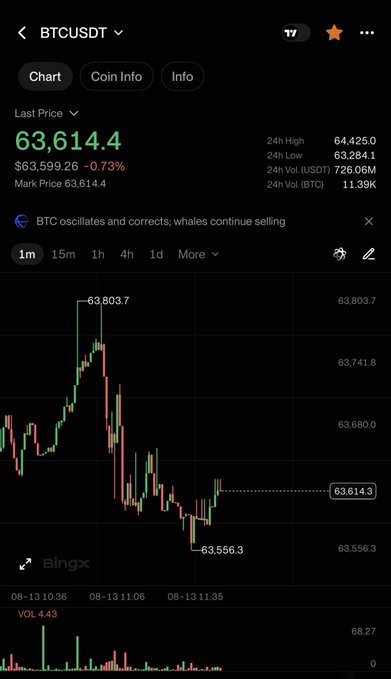 A cryptocurrency trading chart for BTCUSDT showing a last price of 63,614.4, with a downward trend indicating BTC 'oscillates and corrects; whales continue selling.'