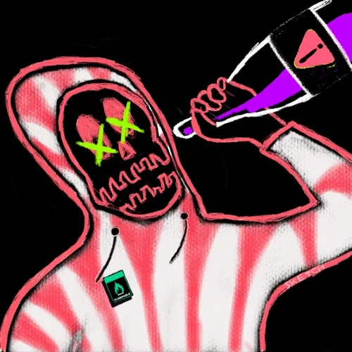 A red and white cartoonish creature with wide, glowing green eyes and a toothy grin is being poked or drawn on by a hand holding a pencil with a hazard symbol on it. The image is a whimsical, meme-style illustration accompanying the sale of "rektguy #1573" NFT, with no other text visible besides the branded hoodie tag of the character.